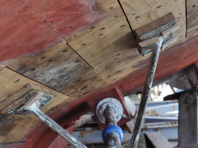 Working on the wooden hull